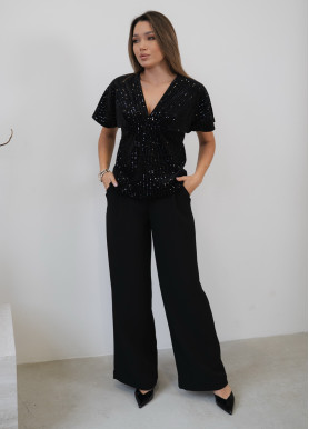 Топ с пайетками и V-вырезом вискоза черный