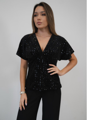 Топ с пайетками и V-вырезом вискоза черный