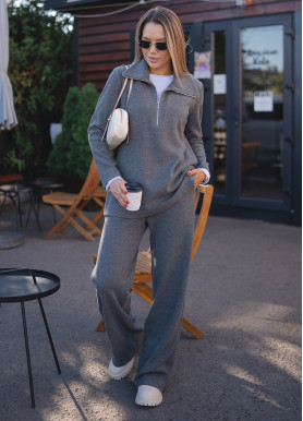 Костюм повседневный с туникой на молнии и широкими брюками шерсть серая