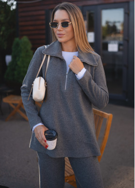 Костюм повседневный с туникой на молнии и широкими брюками шерсть серая