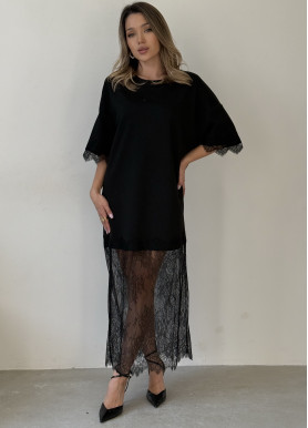 Вечірня сукня з мереживним подолом оверсайз чорна віскоза