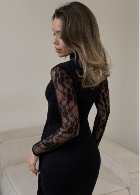 Вечірня сукня-гольф з асиметричним шлейфом і мереживом чорний віскоза