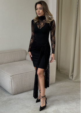 Вечірня сукня-гольф з асиметричним шлейфом і мереживом чорний віскоза