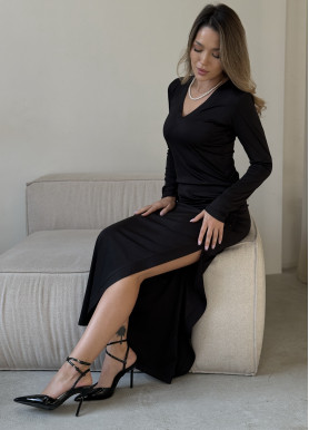 Святкова сукня-максі з V-вирізом та елегантною шліцею віскоза чорна